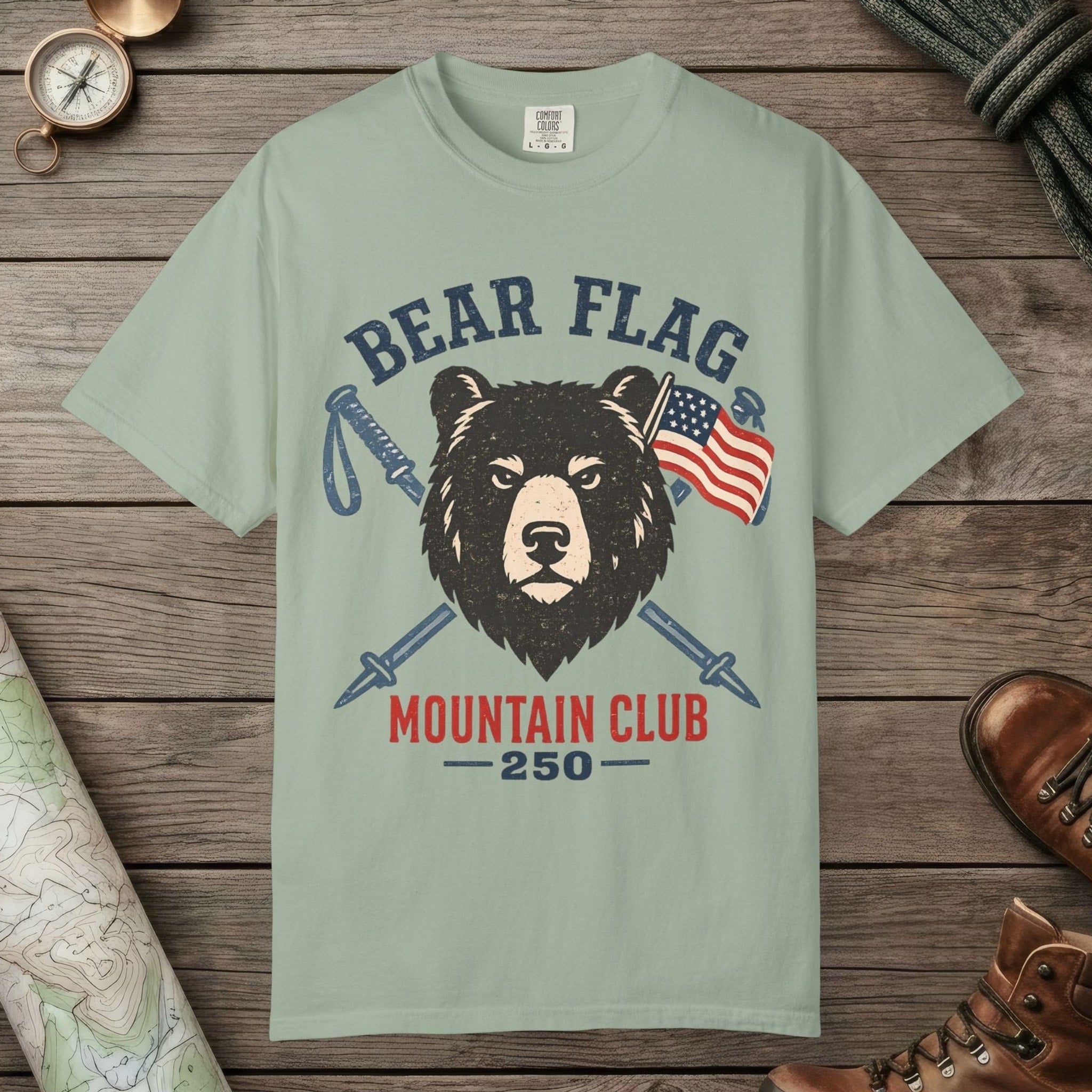 Bay color unisex graphic t-shirt with "Bear Flag" design