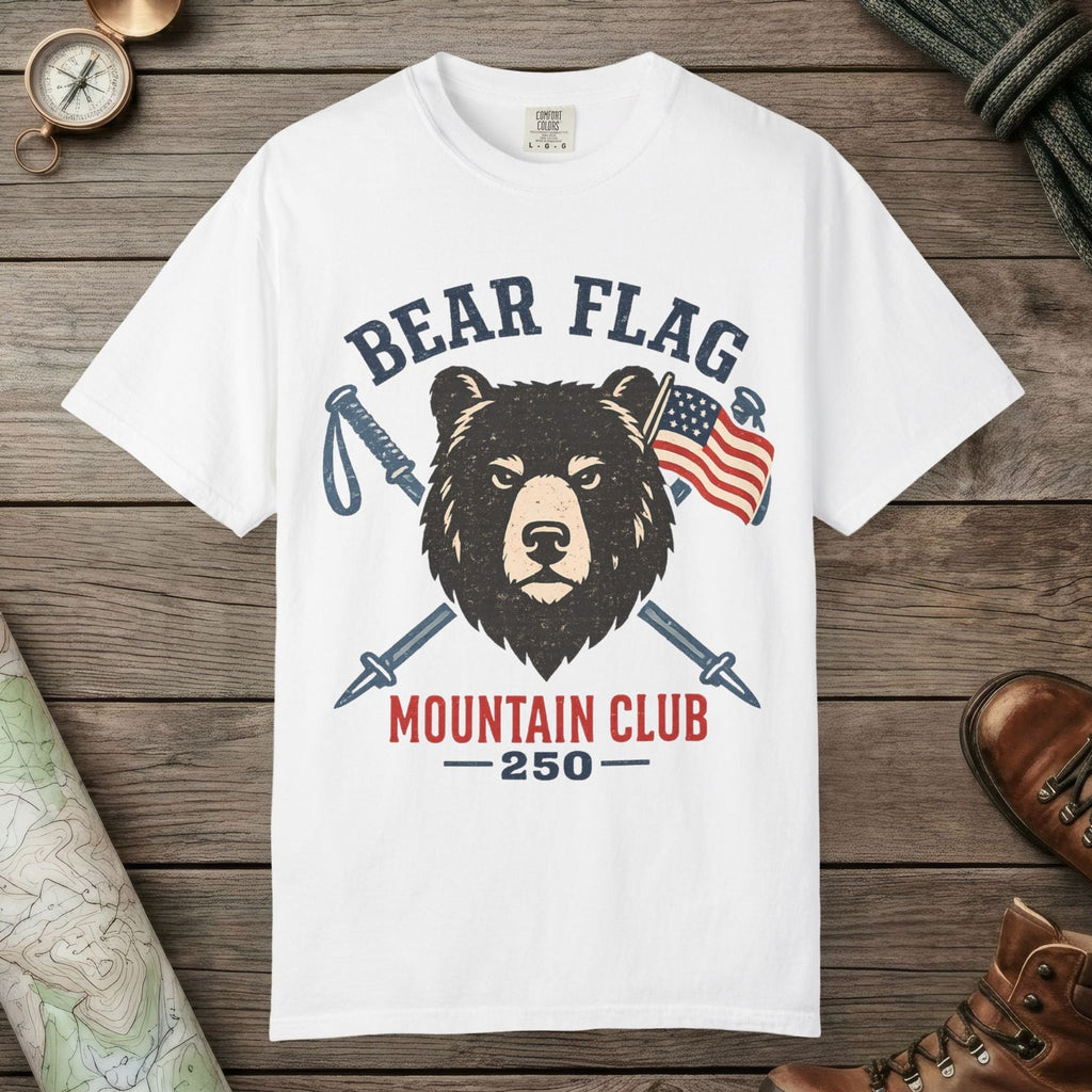 White color unisex graphic t-shirt with "Bear Flag" design