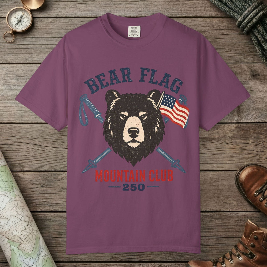 Berry color unisex graphic t-shirt with "Bear Flag" design