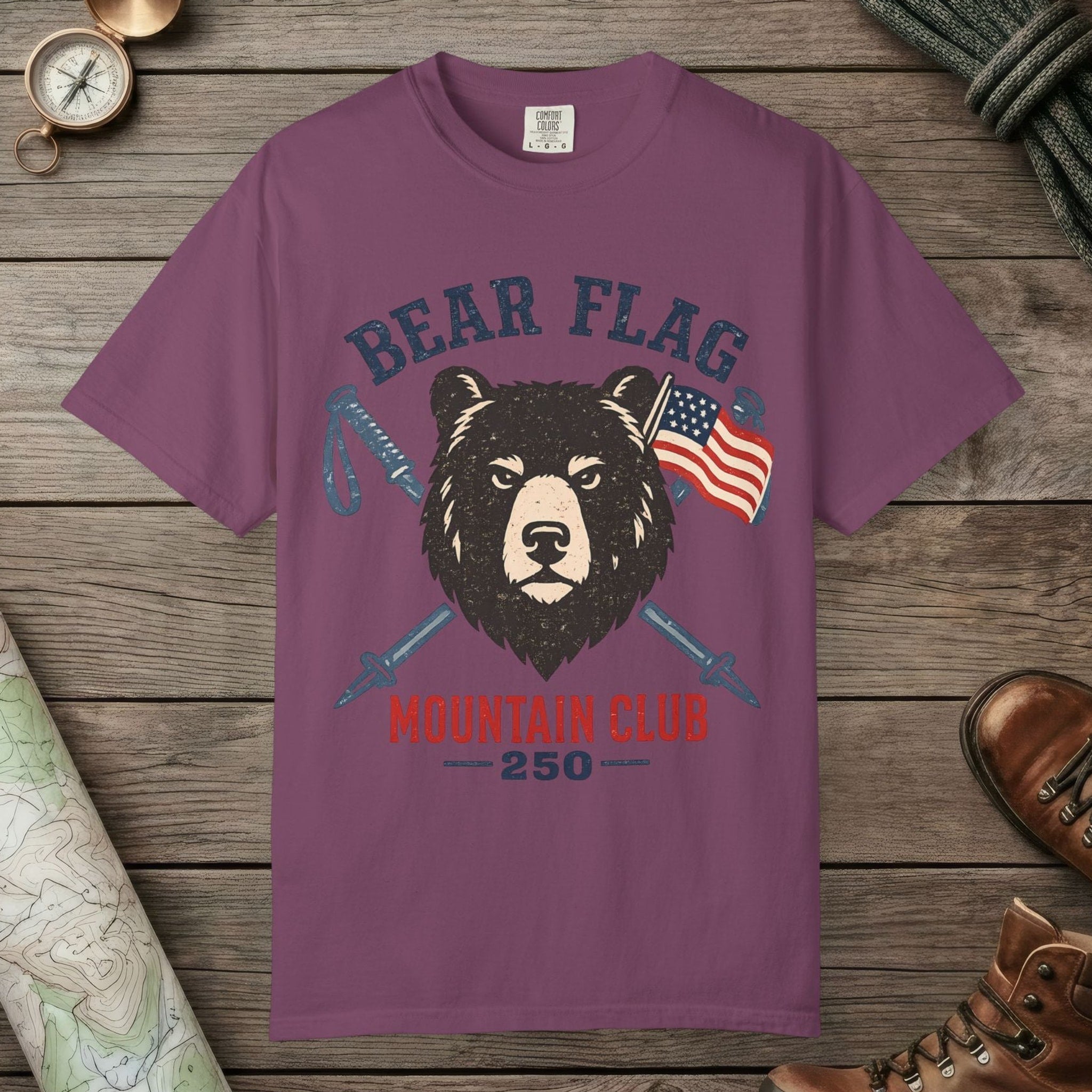Berry color unisex graphic t-shirt with "Bear Flag" design