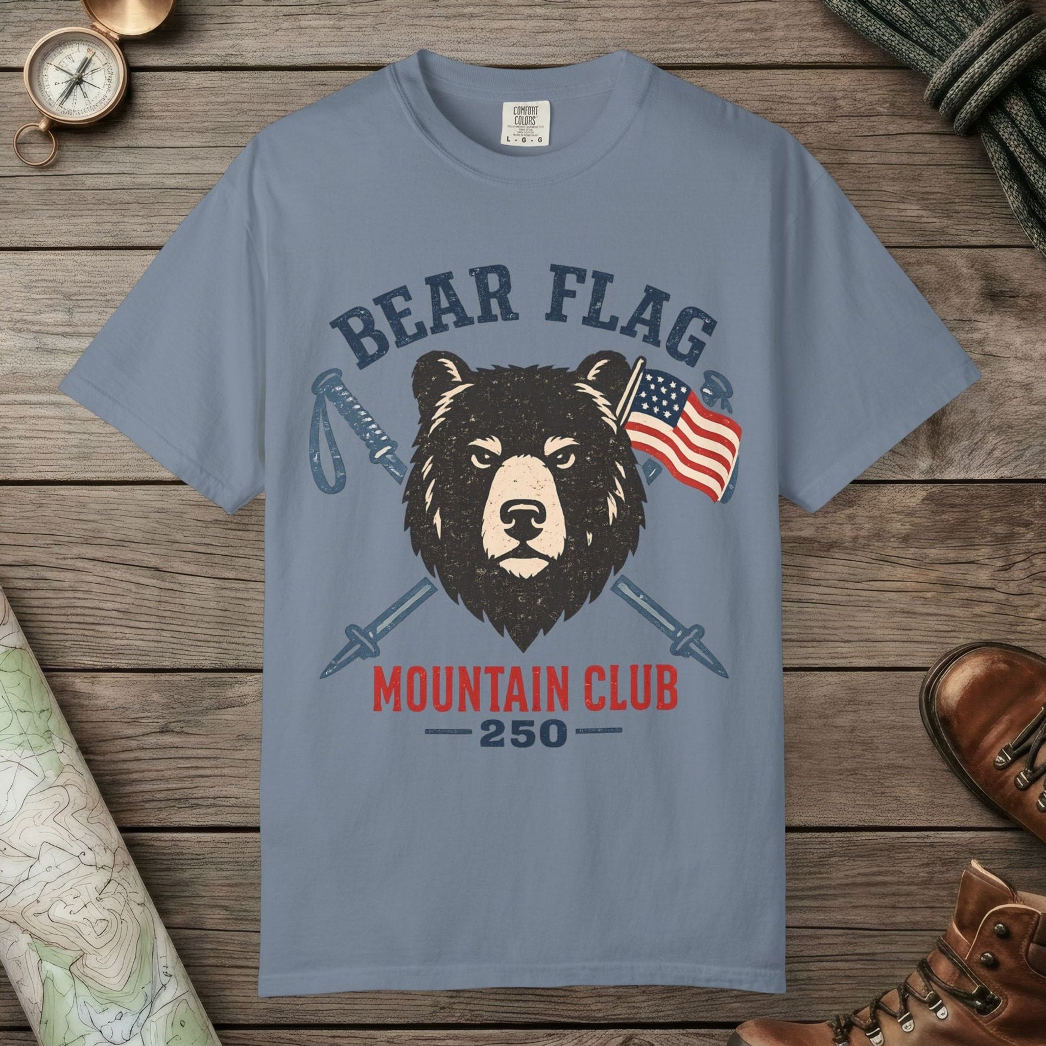 Blue Jean color unisex graphic t-shirt with "Bear Flag" design