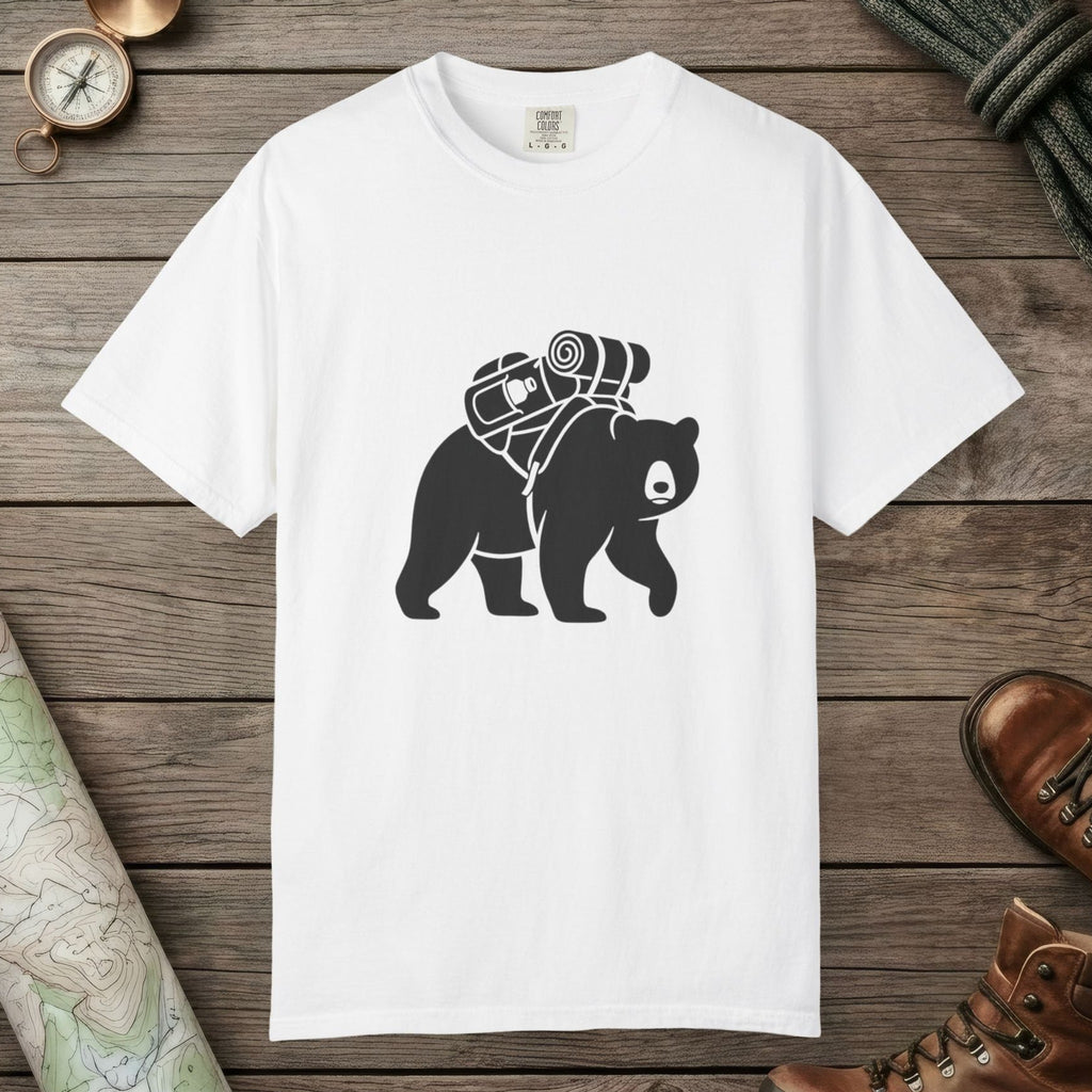 White color unisex graphic t-shirt with "Bear Hiking" design