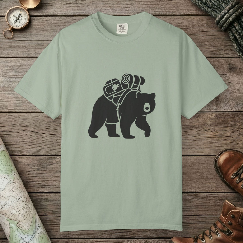 Bay color unisex graphic t-shirt with "Bear Hiking" design