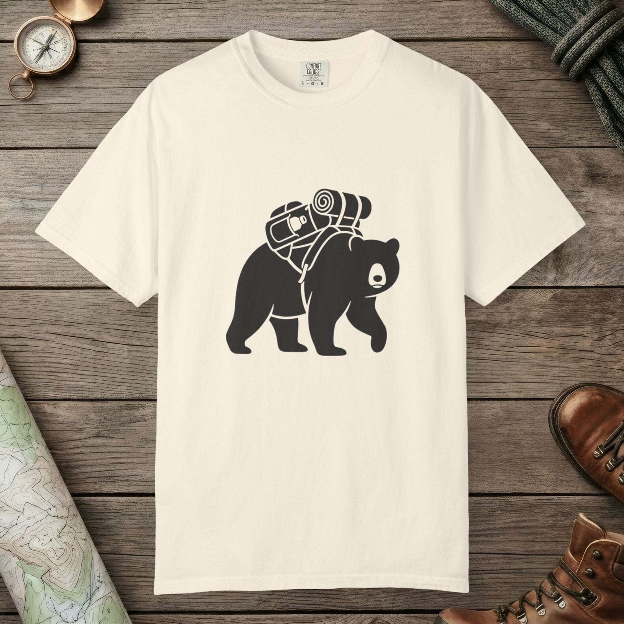 Ivory color unisex graphic t-shirt with "Bear Hiking" design