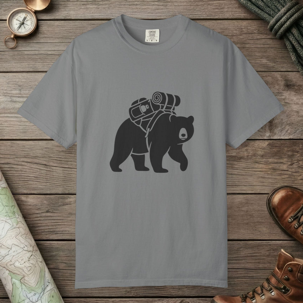 Grey color unisex graphic t-shirt with "Bear Hiking" design