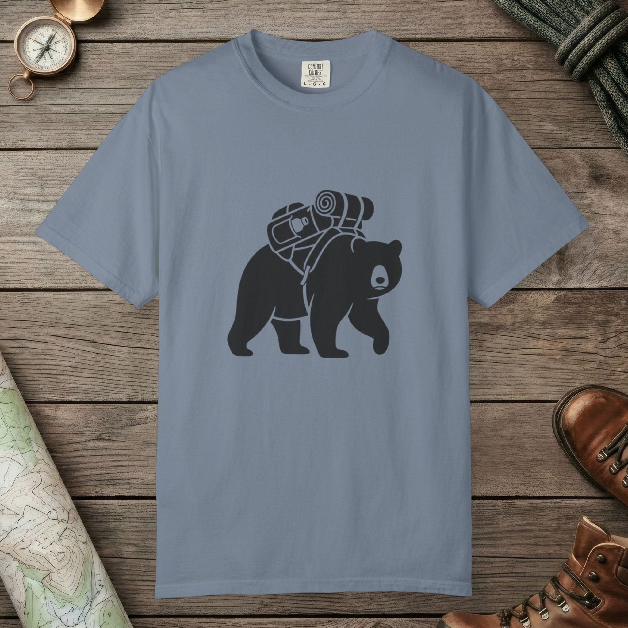 Blue Jean color unisex graphic t-shirt with "Bear Hiking" design