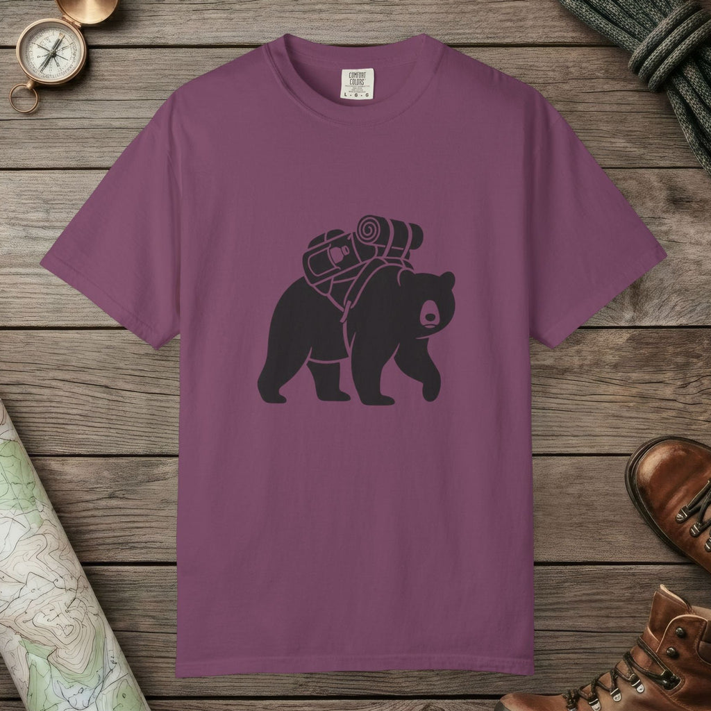 Berry color unisex graphic t-shirt with "Bear Hiking" design