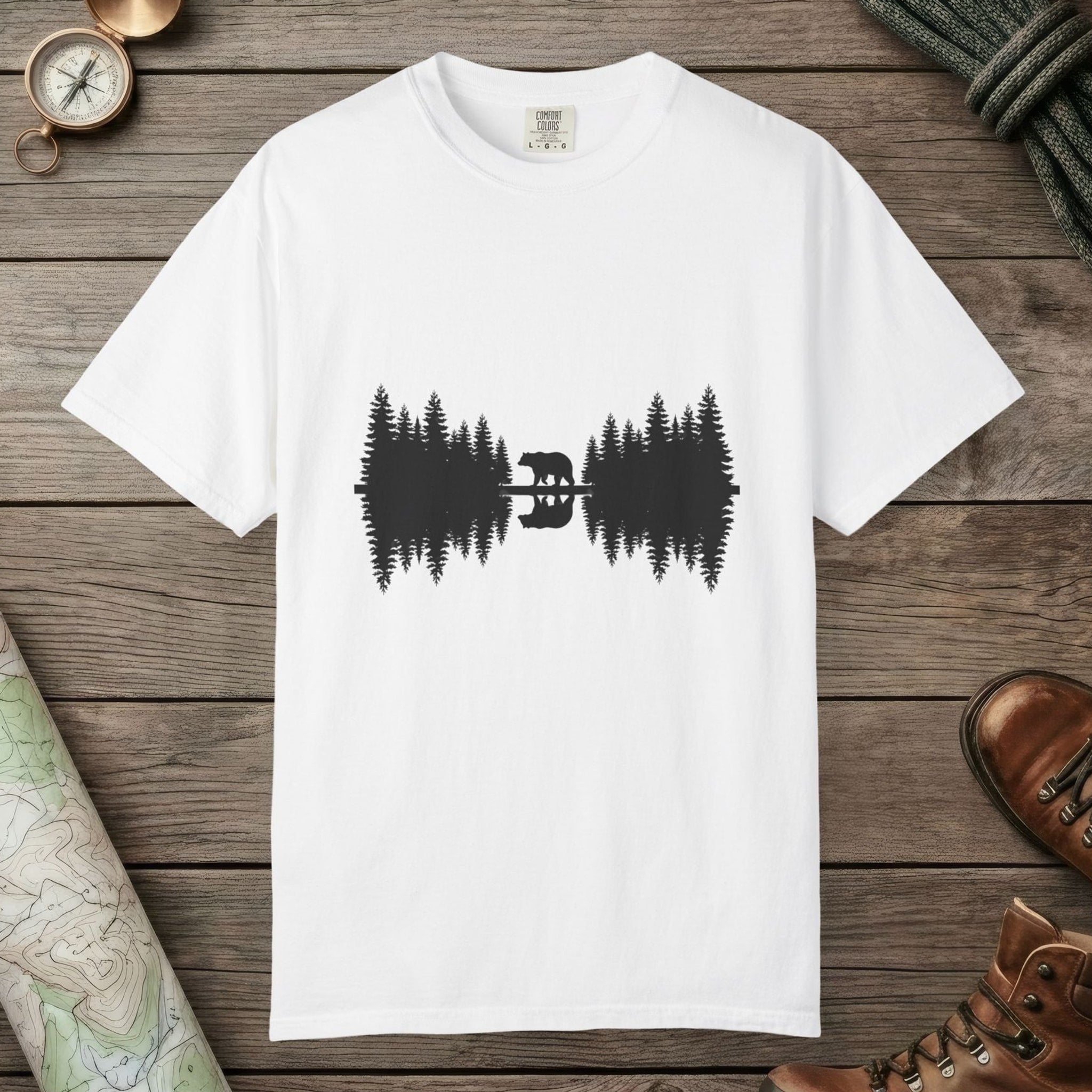 White color unisex graphic t-shirt with "Bear Reflection" design