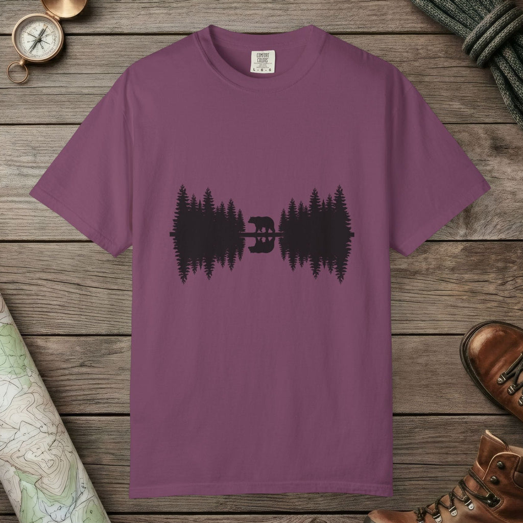 Berry color unisex graphic t-shirt with "Bear Reflection" design