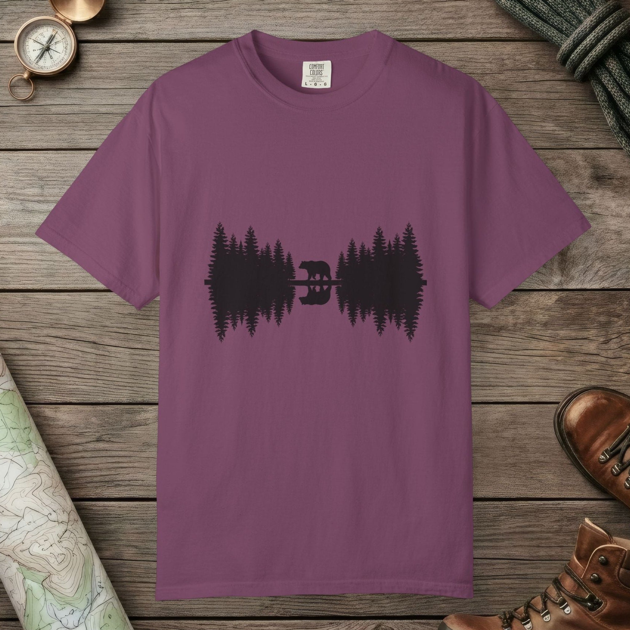 Berry color unisex graphic t-shirt with "Bear Reflection" design