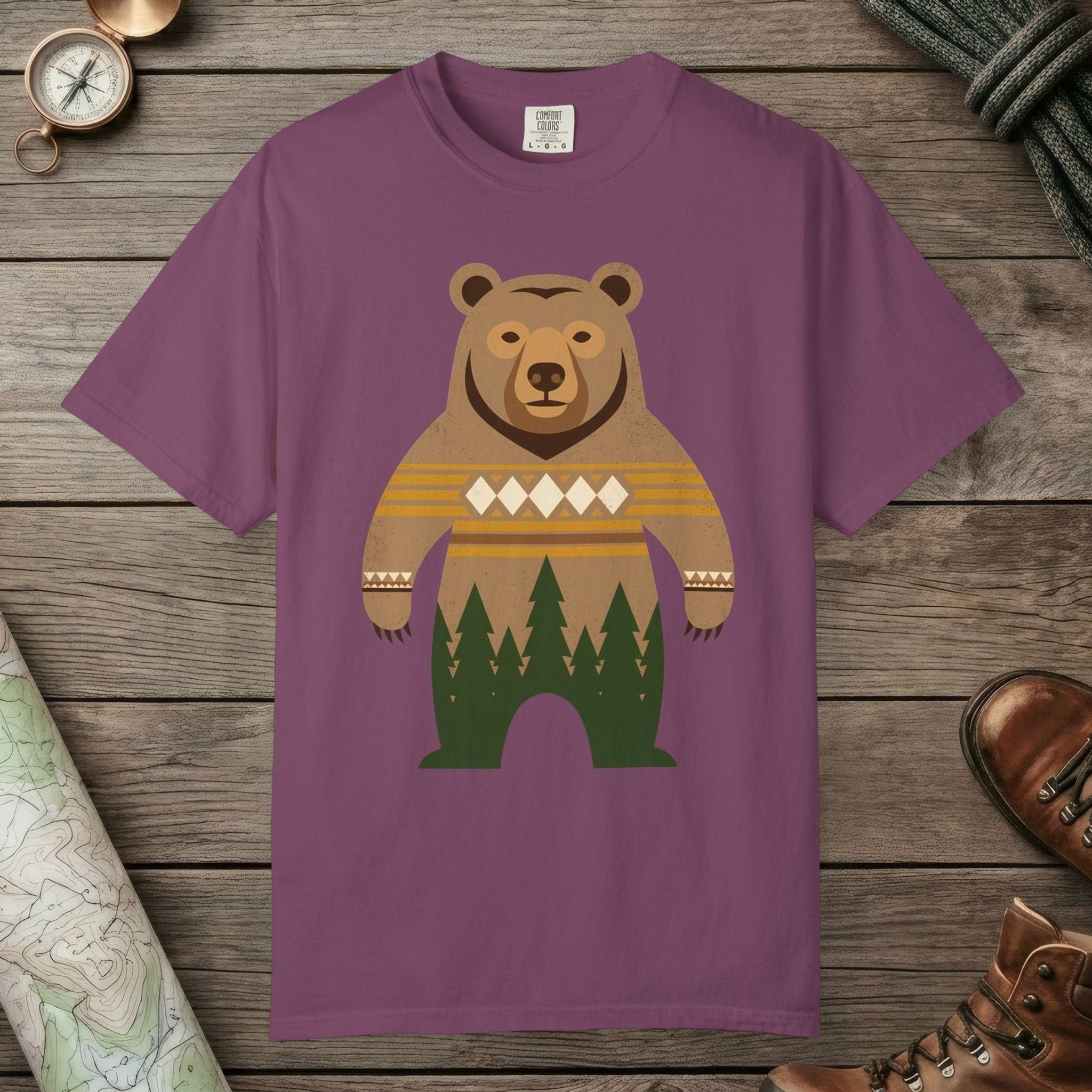 Berry color unisex graphic t-shirt with "Bear Spirit" design
