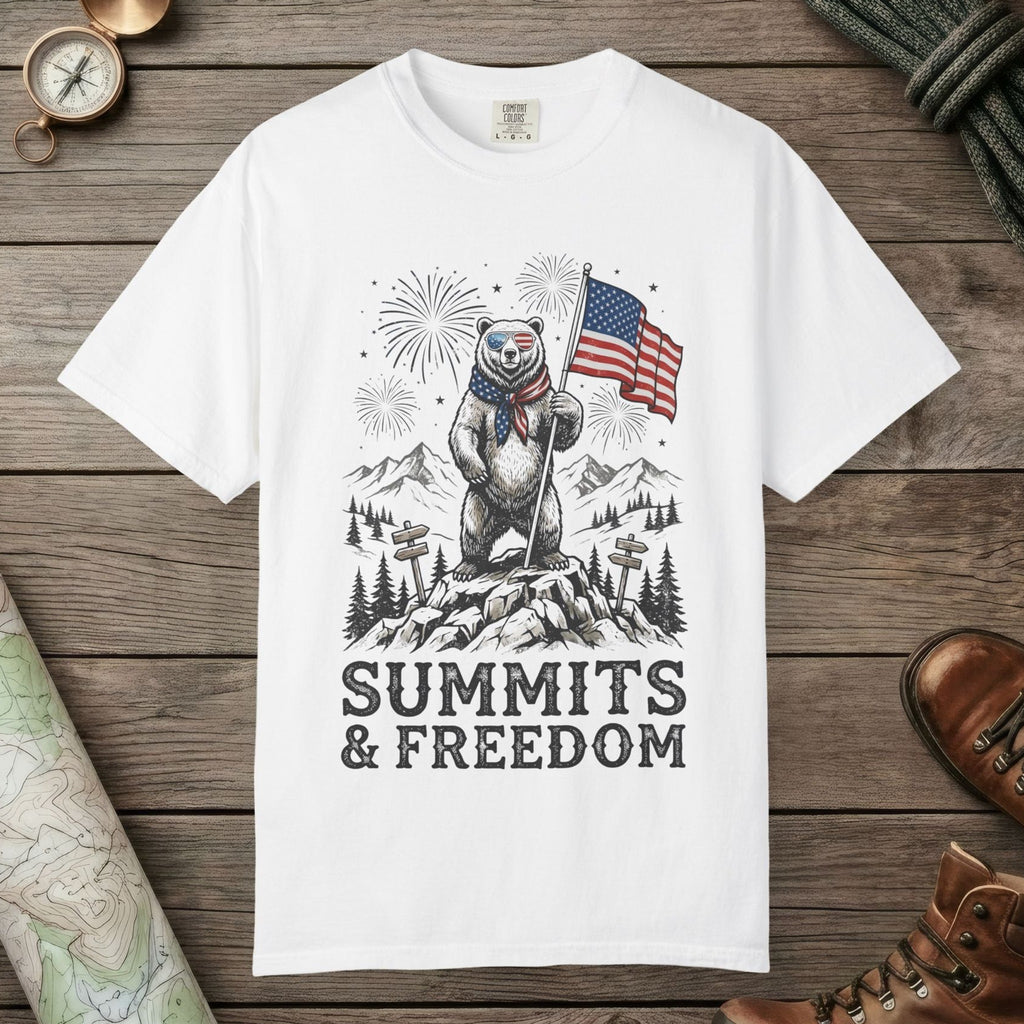 White color unisex graphic t-shirt with "Bear Summits" design
