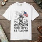 White color unisex graphic t-shirt with "Bear Summits" design