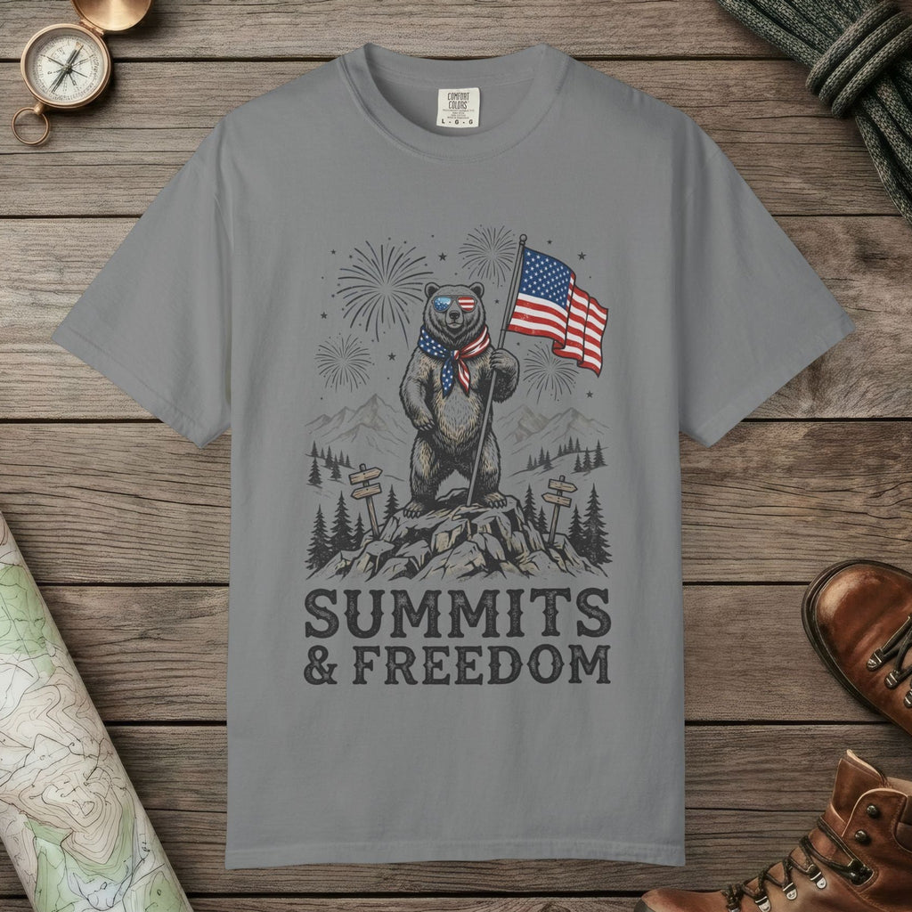 Grey color unisex graphic t-shirt with "Bear Summits" design