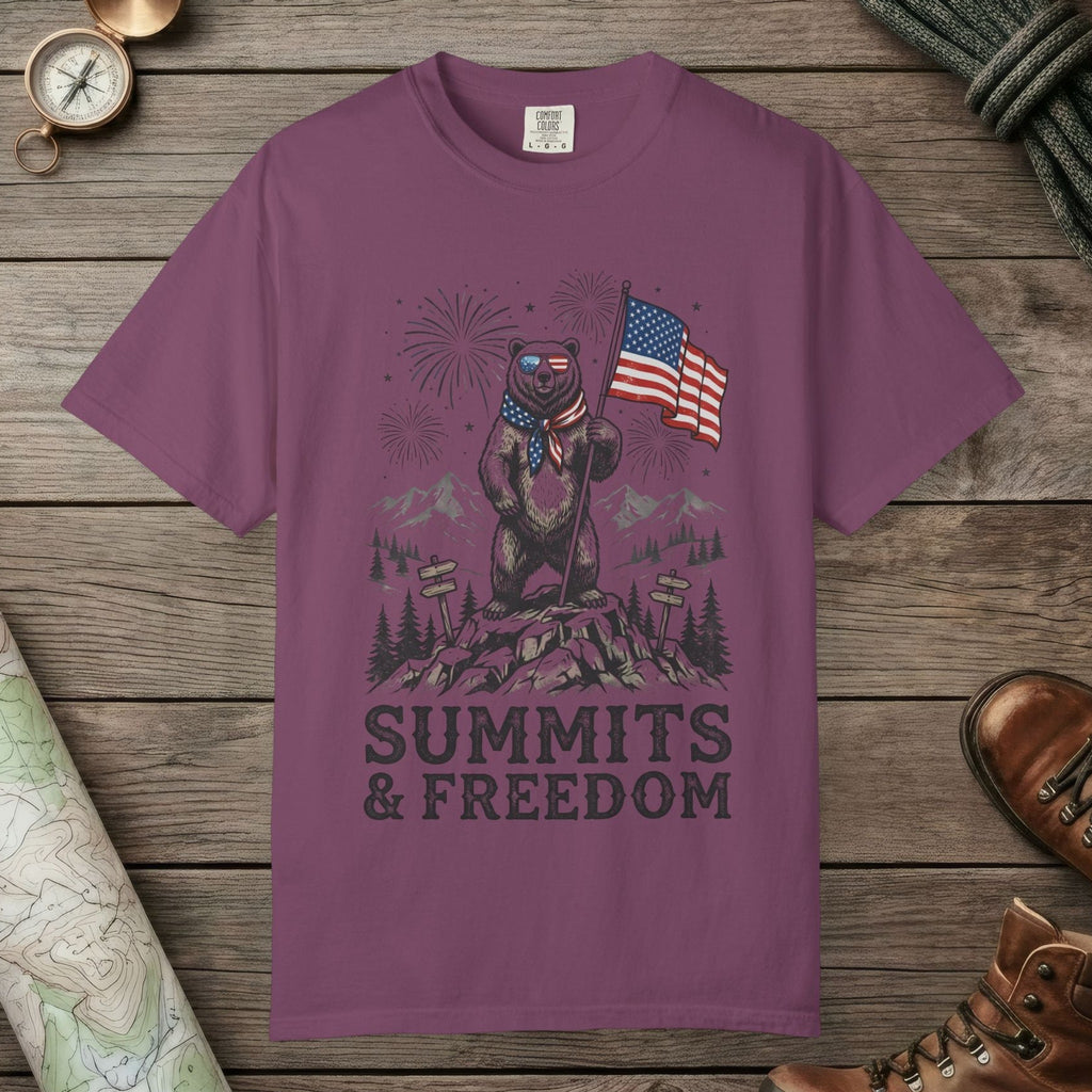 Berry color unisex graphic t-shirt with "Bear Summits" design