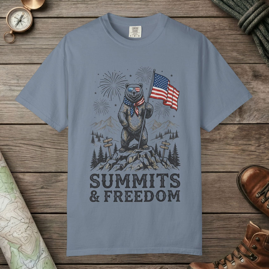 Blue Jean color unisex graphic t-shirt with "Bear Summits" design