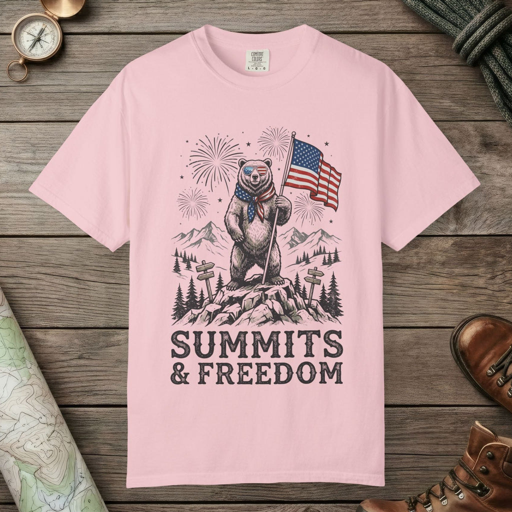 Blossom color unisex graphic t-shirt with "Bear Summits" design