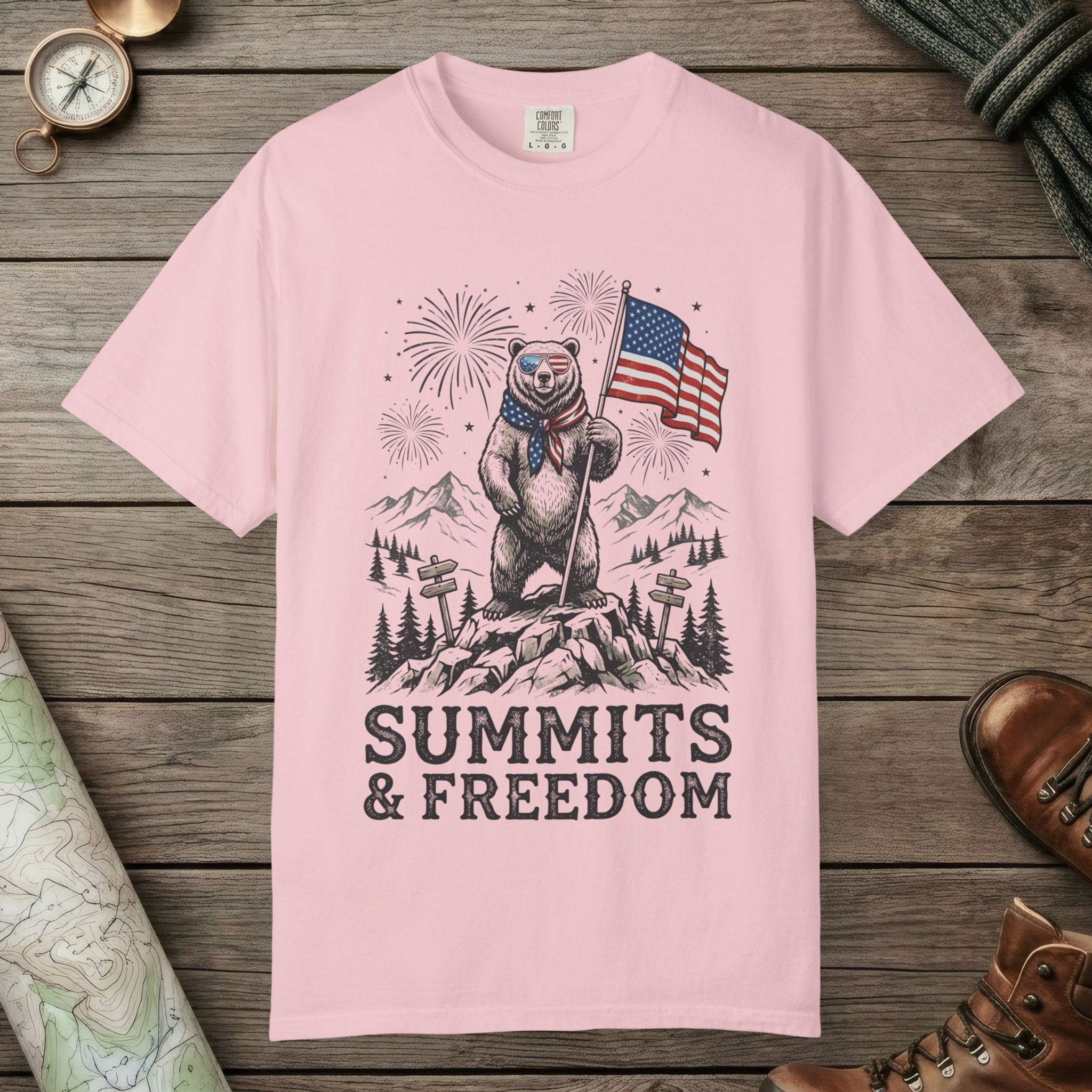 Blossom color unisex graphic t-shirt with "Bear Summits" design