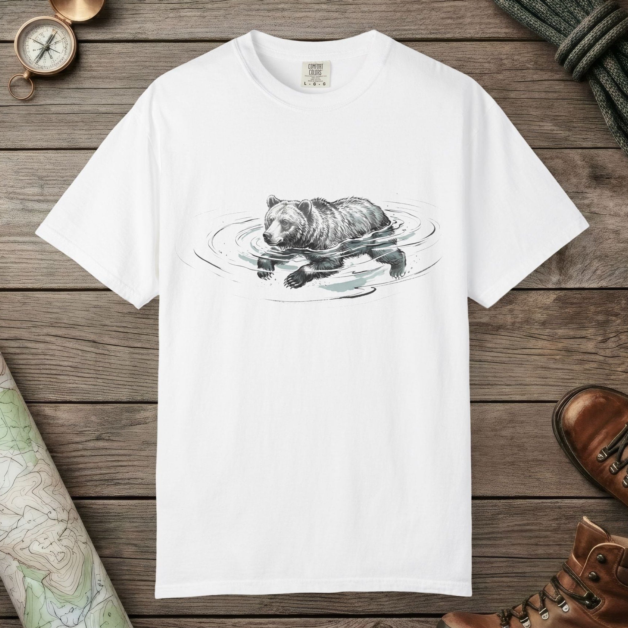 White color unisex graphic t-shirt with "Bear Swimming" design