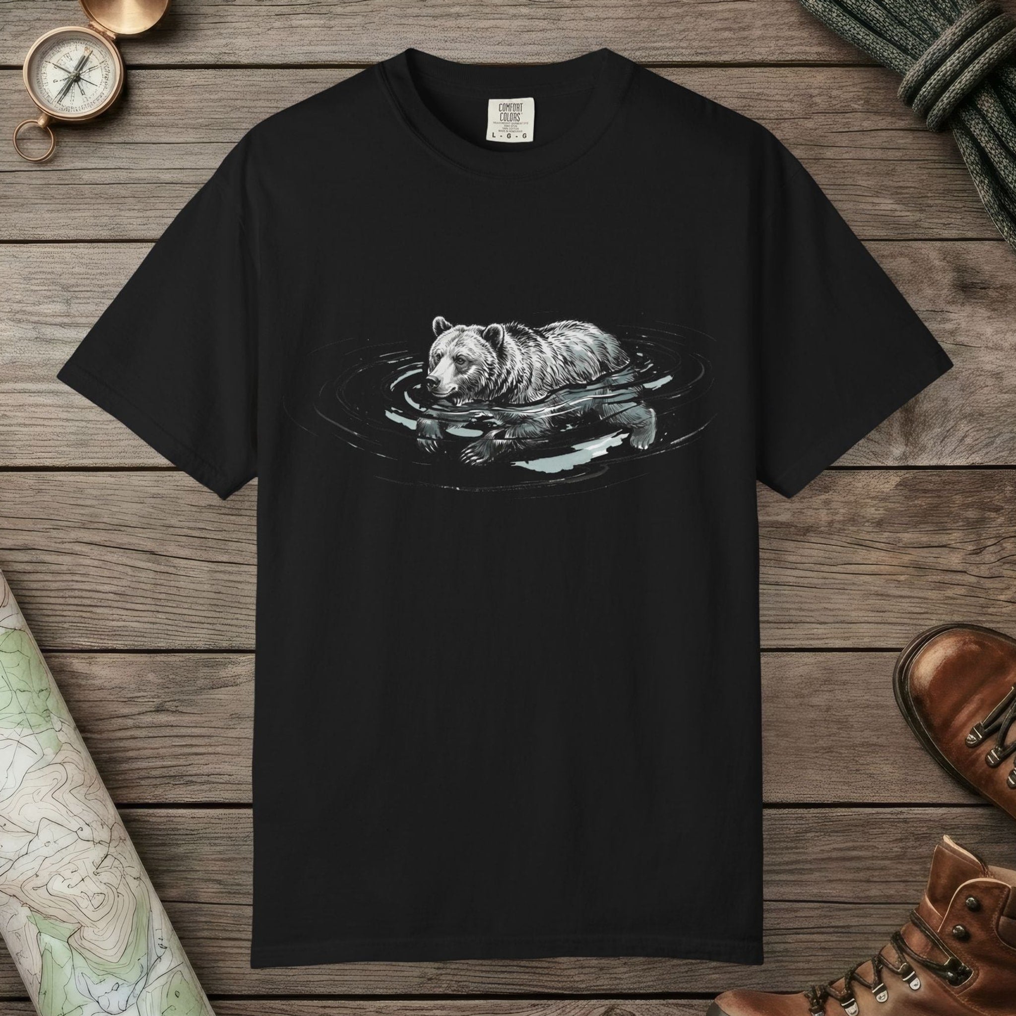 Black color unisex graphic t-shirt with "Bear Swimming" design