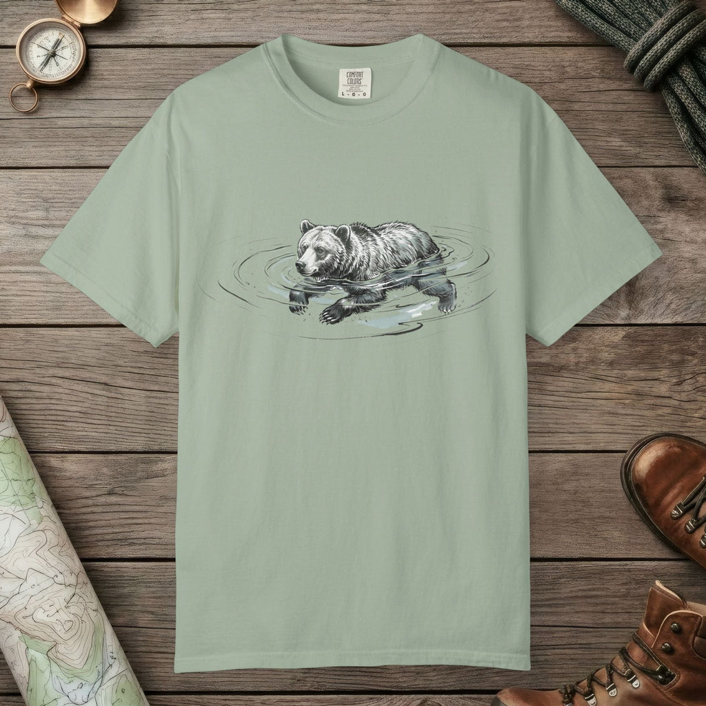 Bay color unisex graphic t-shirt with "Bear Swimming" design