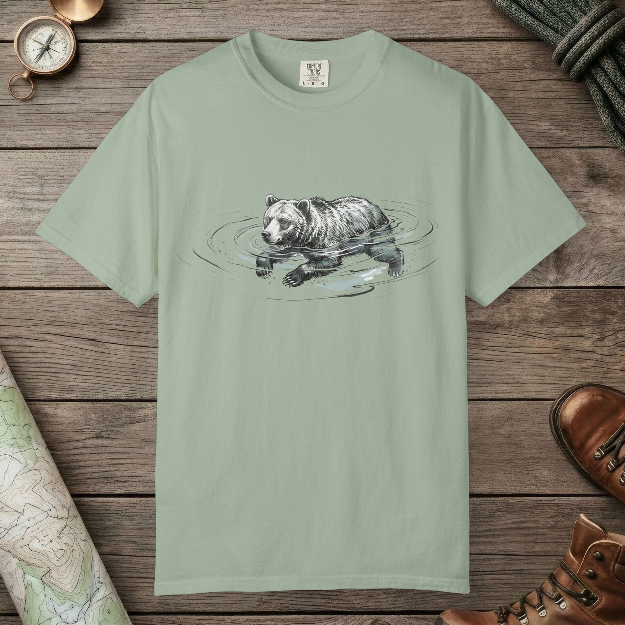 Bay color unisex graphic t-shirt with "Bear Swimming" design
