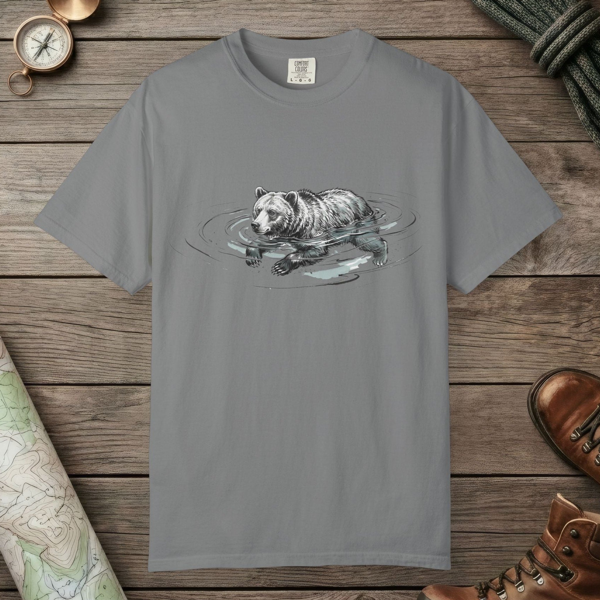 Grey color unisex graphic t-shirt with "Bear Swimming" design