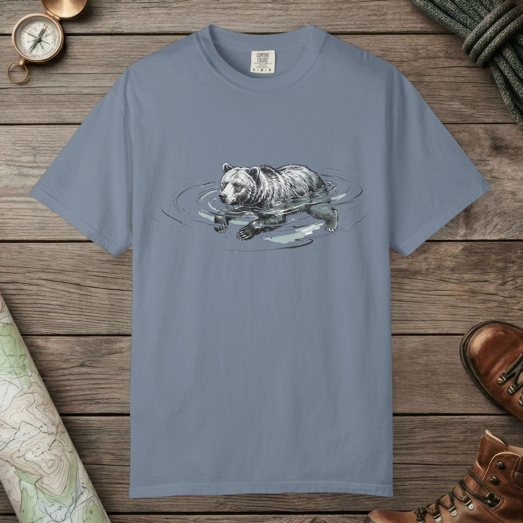 Blue Jean color unisex graphic t-shirt with "Bear Swimming" design
