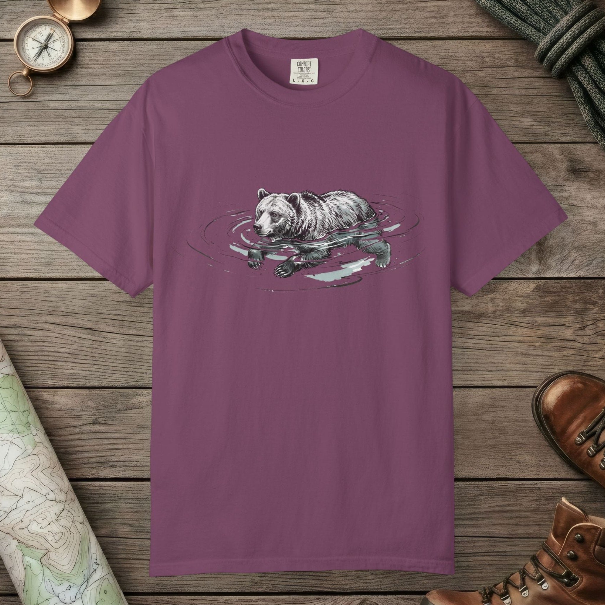 Berry color unisex graphic t-shirt with "Bear Swimming" design