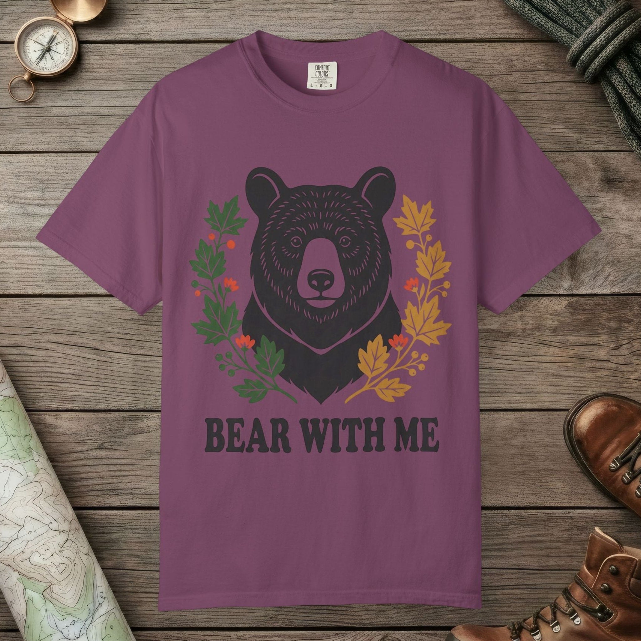 Berry color unisex graphic t-shirt with "Bear With Me" design