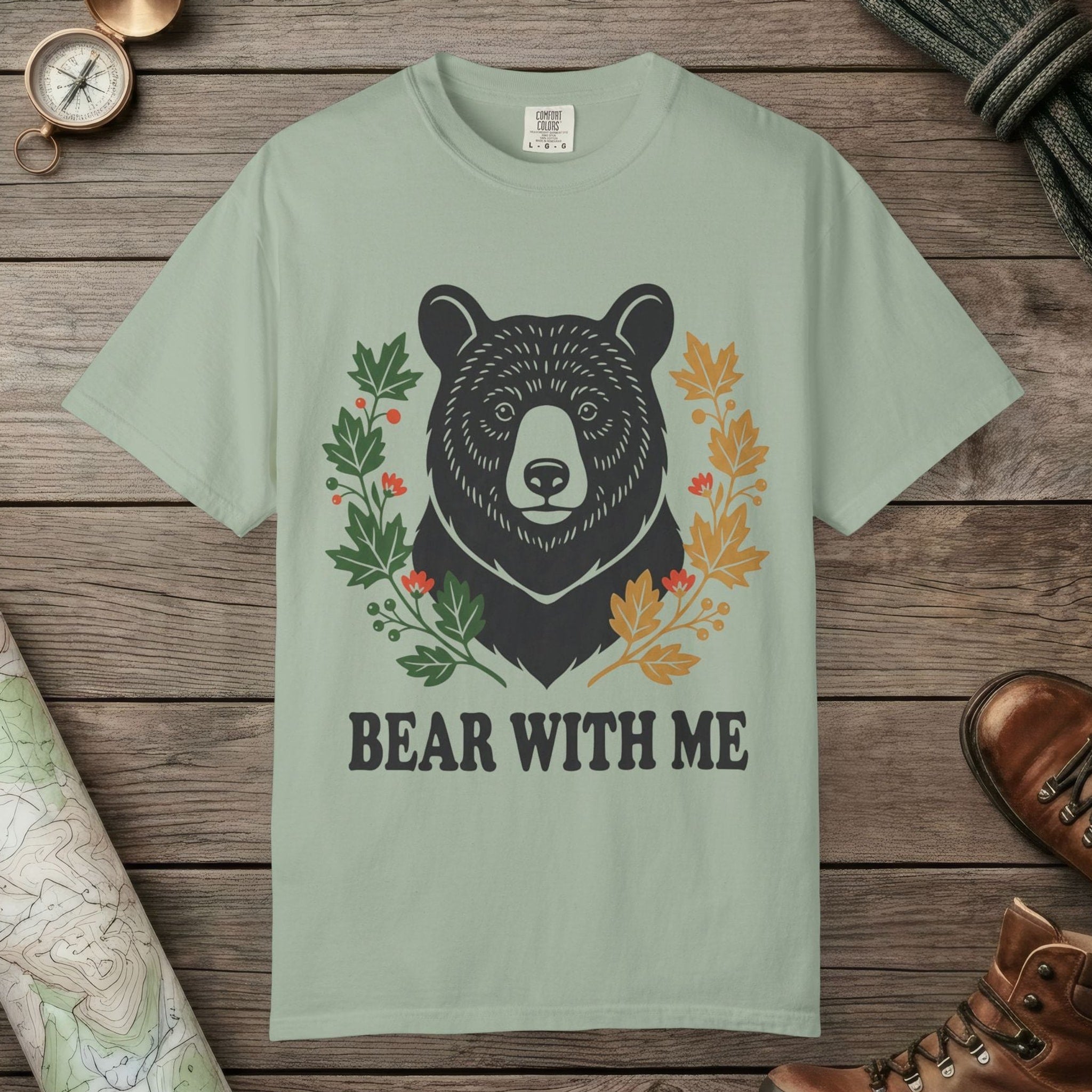 Bay color unisex graphic t-shirt with "Bear With Me" design