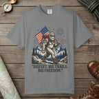 Grey color unisex graphic t-shirt with "Big Freedom" design