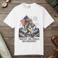 White color unisex graphic t-shirt with "Big Freedom" design
