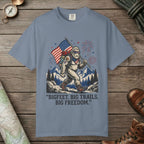 Blue Jean color unisex graphic t-shirt with "Big Freedom" design