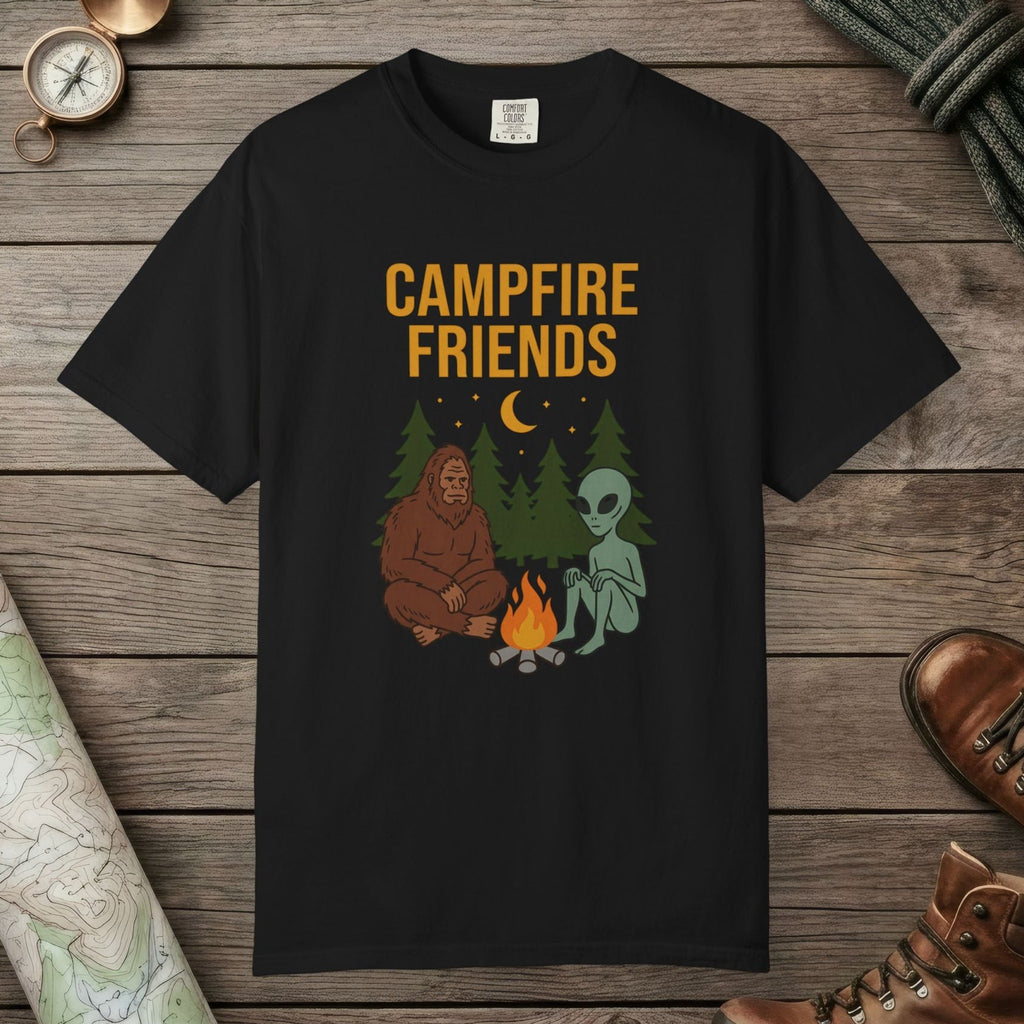 Black color unisex graphic t-shirt with "Bigfoot And Alien Campfire" design
