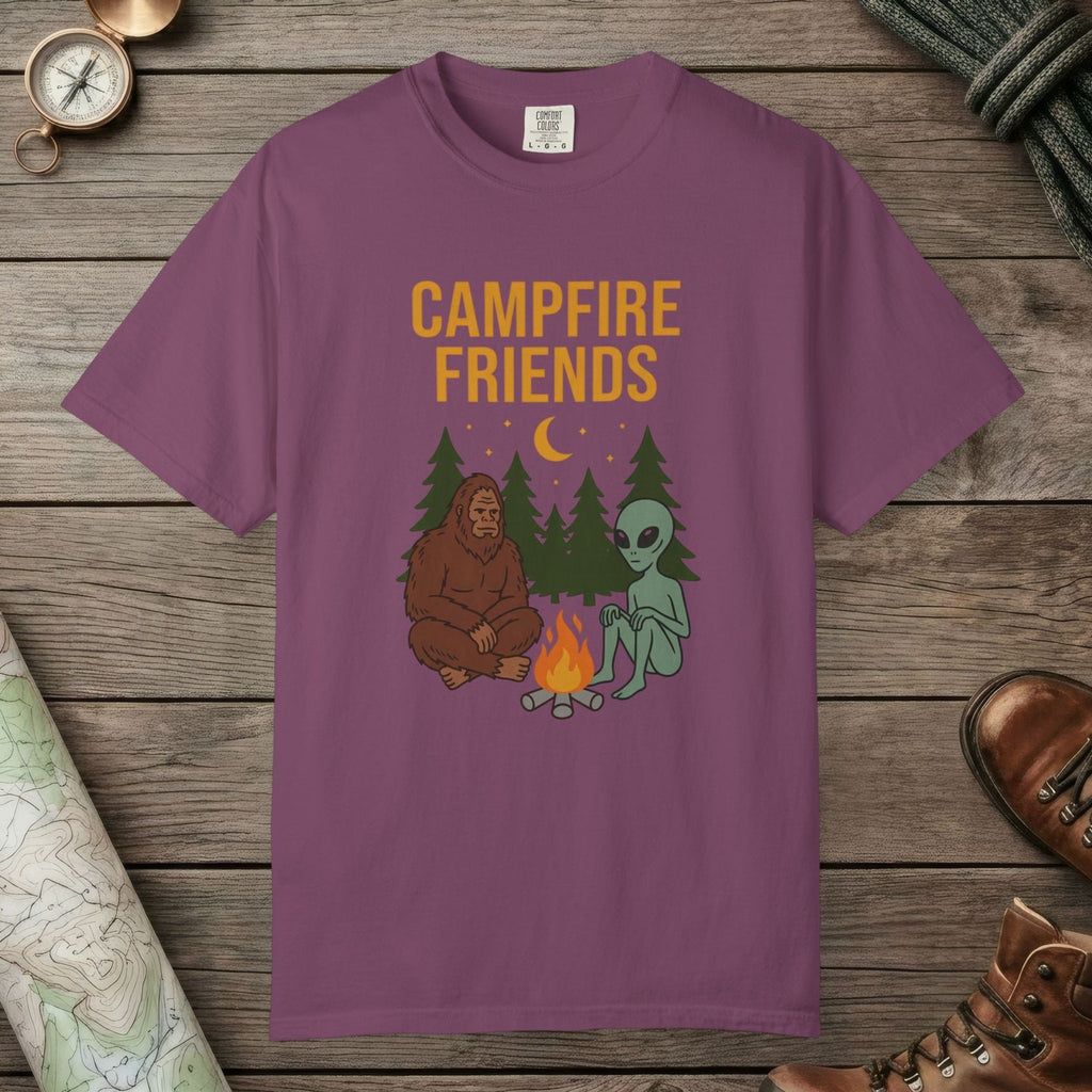 Berry color unisex graphic t-shirt with "Bigfoot And Alien Campfire" design