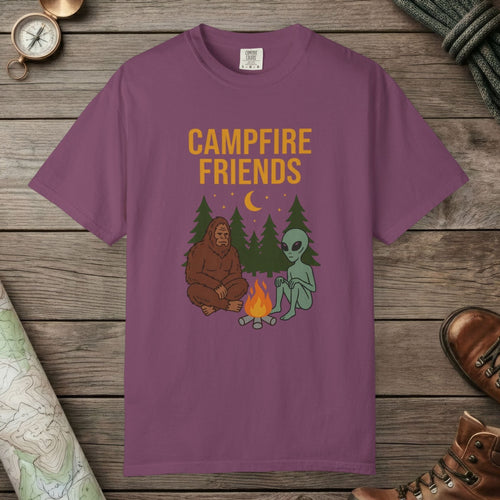 Berry color unisex graphic t-shirt with "Bigfoot And Alien Campfire" design