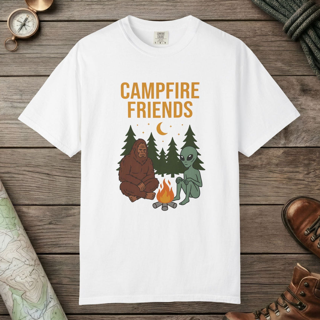 White color unisex graphic t-shirt with "Bigfoot And Alien Campfire" design