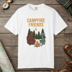 White color unisex graphic t-shirt with "Bigfoot And Alien Campfire" design