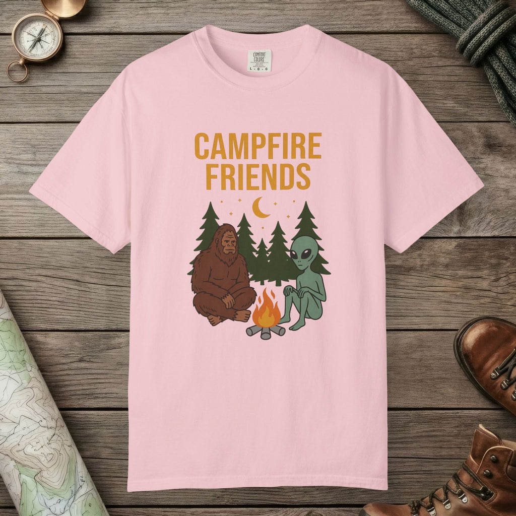 Blossom color unisex graphic t-shirt with "Bigfoot And Alien Campfire" design
