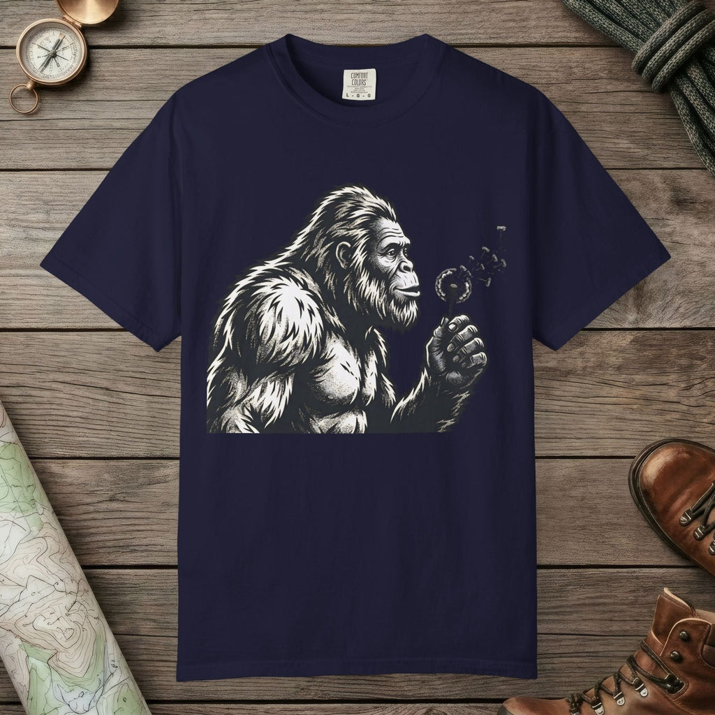 True Navy color unisex graphic t-shirt with "Bigfoot Blowing Wishes" design