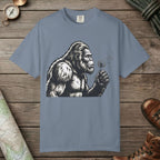 Blue Jean color unisex graphic t-shirt with "Bigfoot Blowing Wishes" design