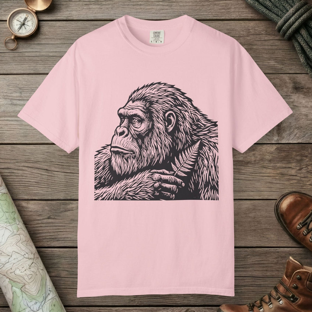 Blossom color unisex graphic t-shirt with "Bigfoot Thinking" design