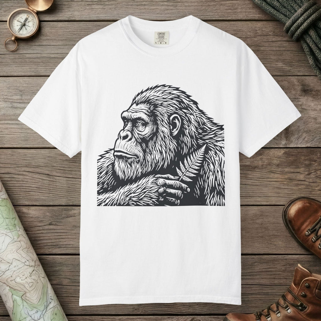 White color unisex graphic t-shirt with "Bigfoot Thinking" design