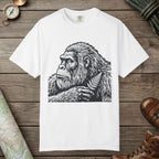 White color unisex graphic t-shirt with "Bigfoot Thinking" design