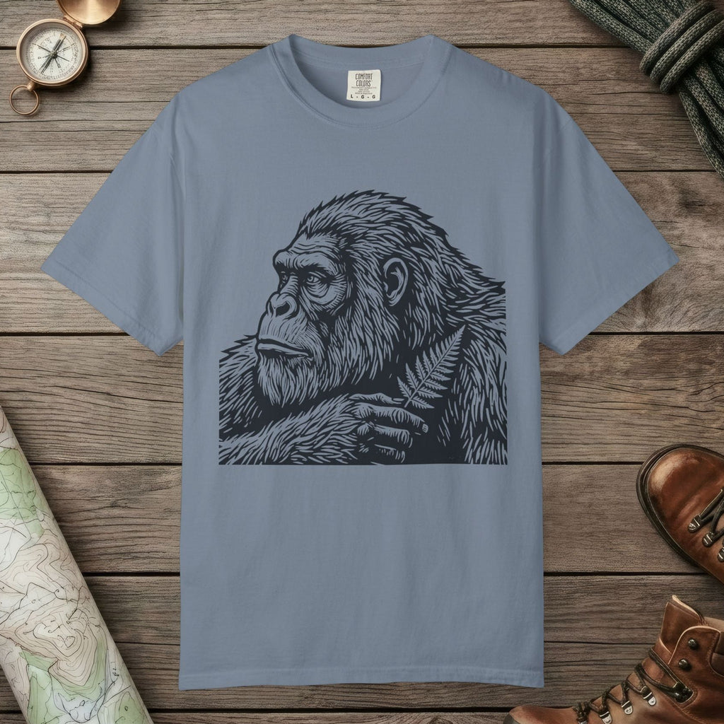 Blue Jean color unisex graphic t-shirt with "Bigfoot Thinking" design