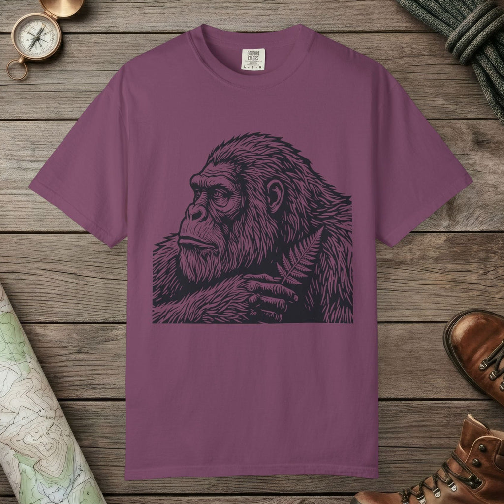 Berry color unisex graphic t-shirt with "Bigfoot Thinking" design