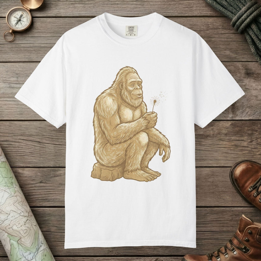White color unisex graphic t-shirt with "Bigfoot Wishes" design