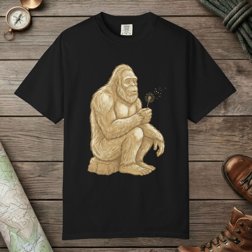 Black color unisex graphic t-shirt with "Bigfoot Wishes" design