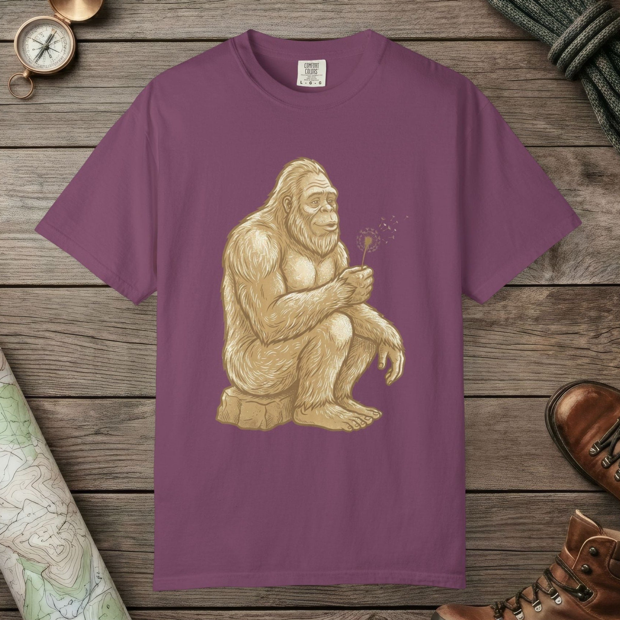Berry color unisex graphic t-shirt with "Bigfoot Wishes" design